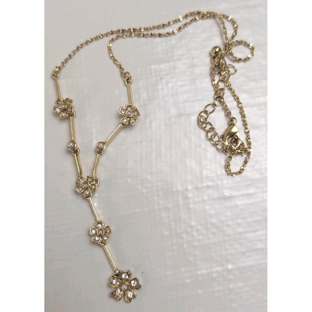 Vintage Gold Tone Floral Y Necklace Rhinestone Faux Pearl Drop Dainty..